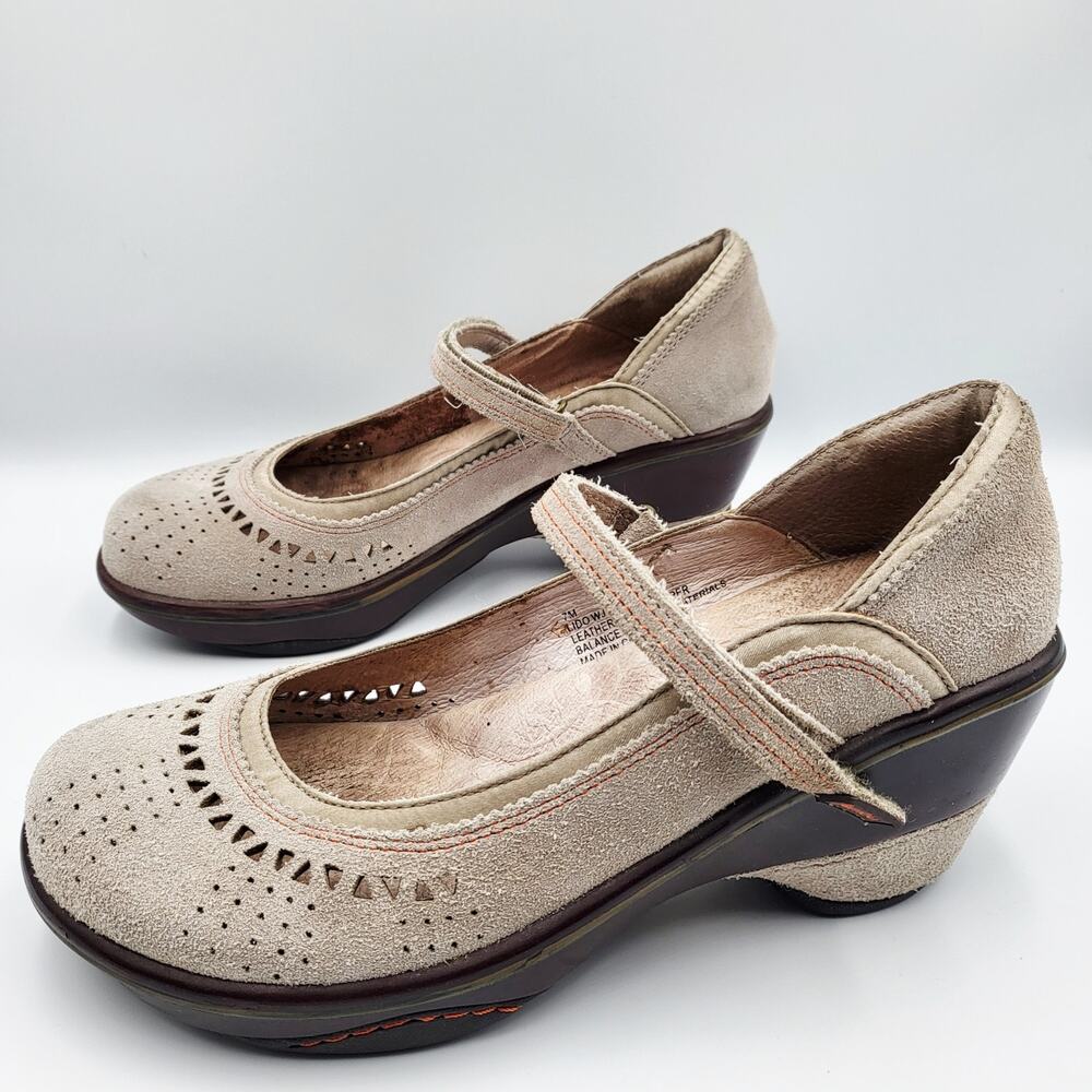 Jambu Lido Gray Beige Brown Orange Trim Suede Mary Jane Wedges Women's Size 7 - Picture 3 of 11
